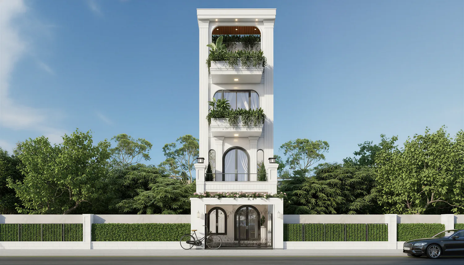 Mẫu thiết kế nhà ống 4 tầng mặt tiền 5m tân cổ điển