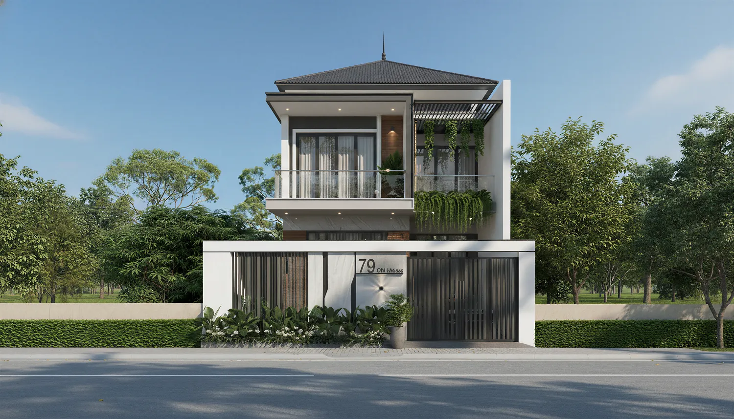 Mẫu thiết kế nhà 2 tầng mặt tiền 7m kiến trúc vuông vứt mái Nhật