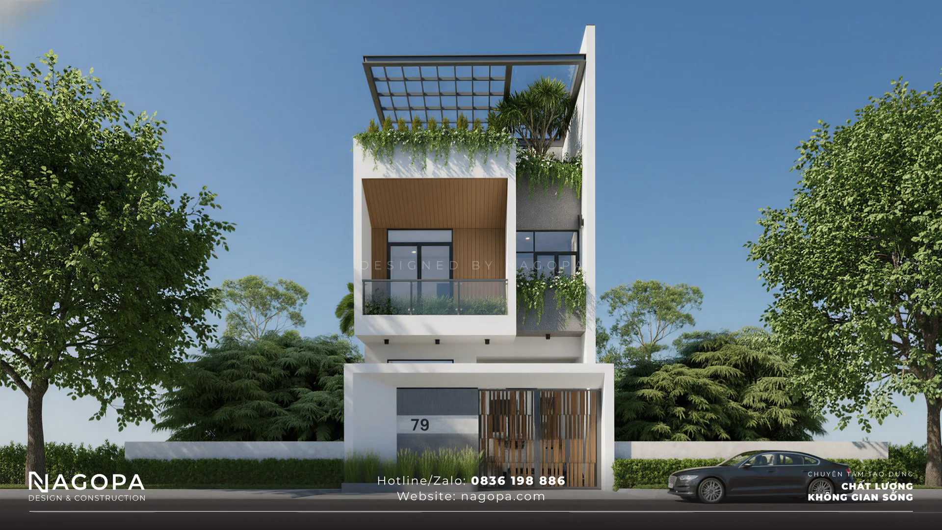 Phối cảnh nhà phố 3 tầng hiện đại 6.5m Tối giản, kiến trúc xanh GO2567