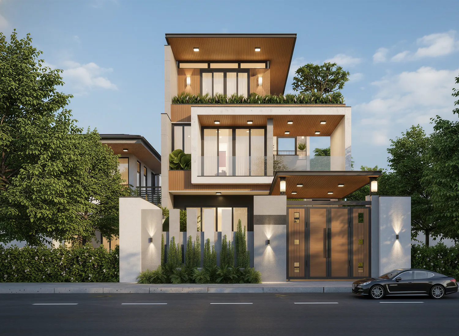 Thiết kế nhà 3 tầng ngang 8m tối ưu không gian xanh và ánh sáng