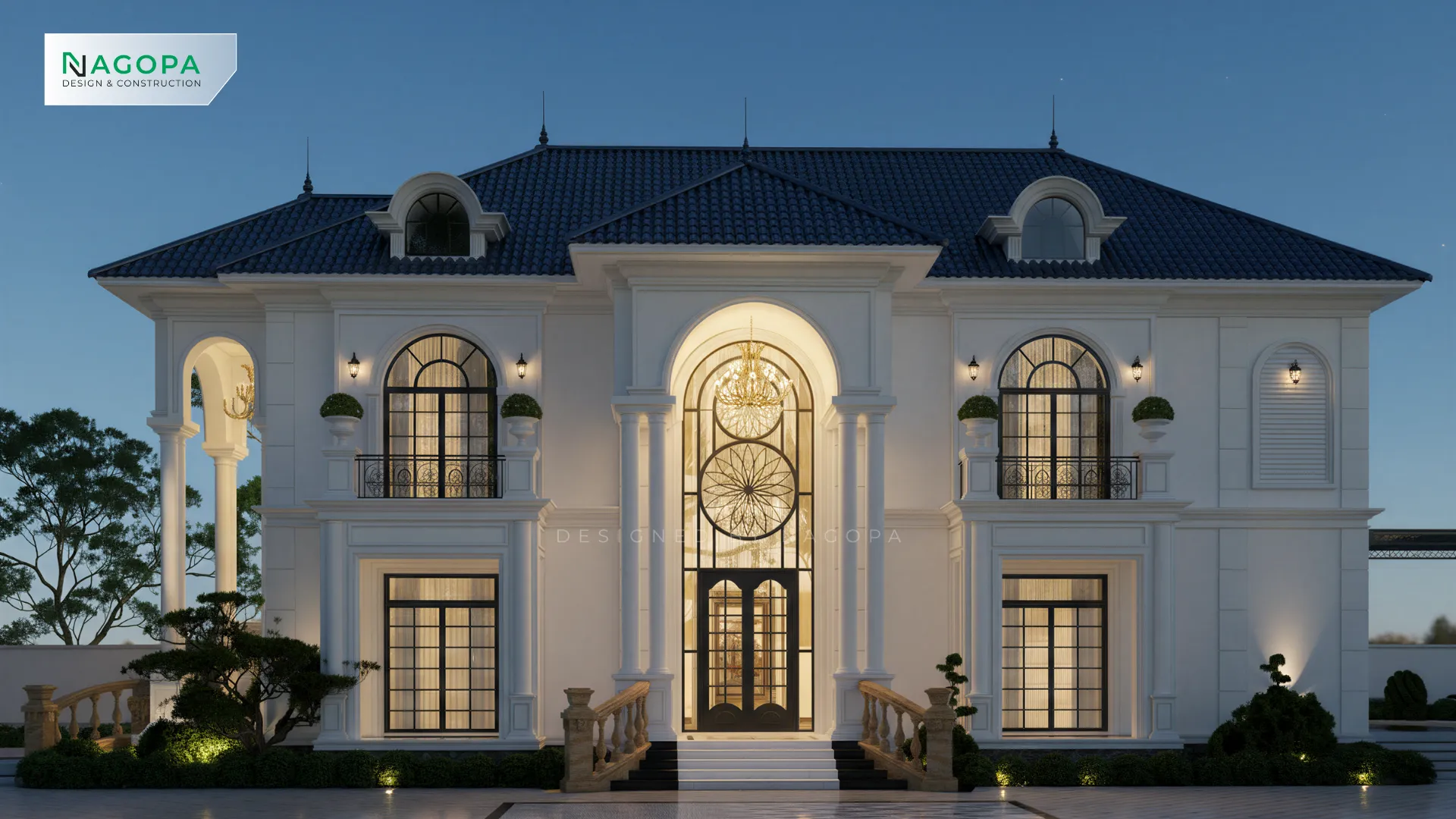 Biệt thự 2 tầng Neoclassical tại Tân Uyên: Nguyen’s Mansion view ban đêm