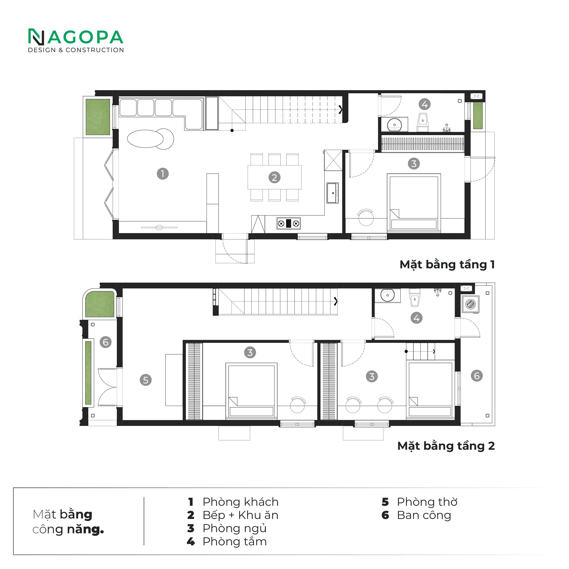mặt bằng công năng nhà 2 tầng 5x12m tối ưu tiết kiệm