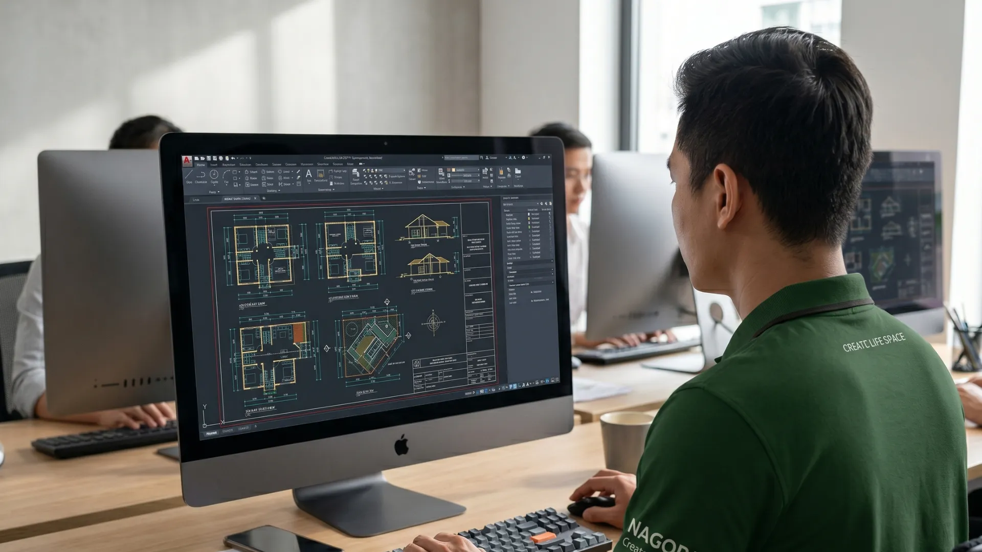kỹ sư đang triển khai chi tiết bản vẽ kỹ thuật