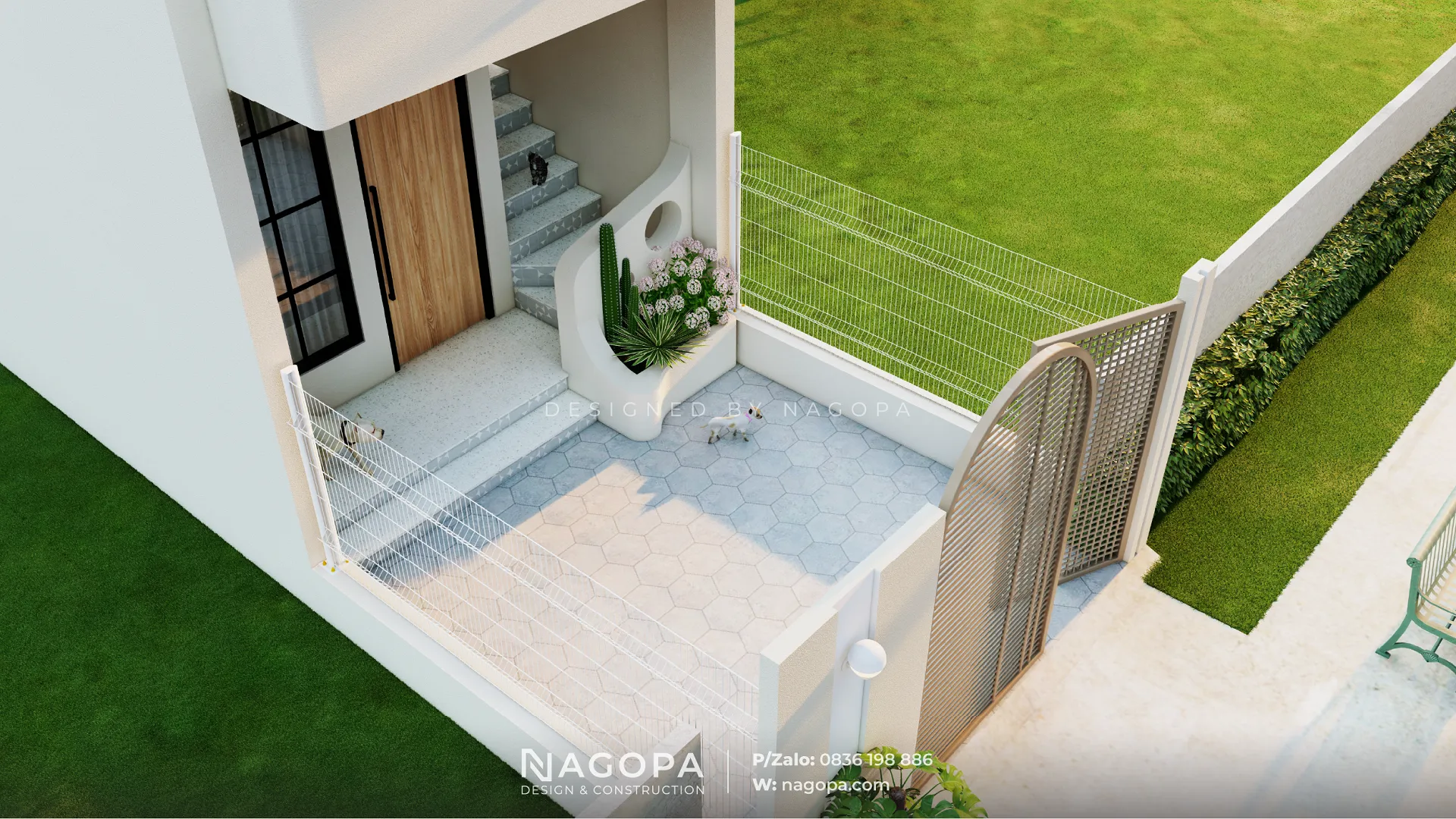 Tầm nhìn thông thoáng từ trên cao xuống khu vực sân đệm phía trước nhà.