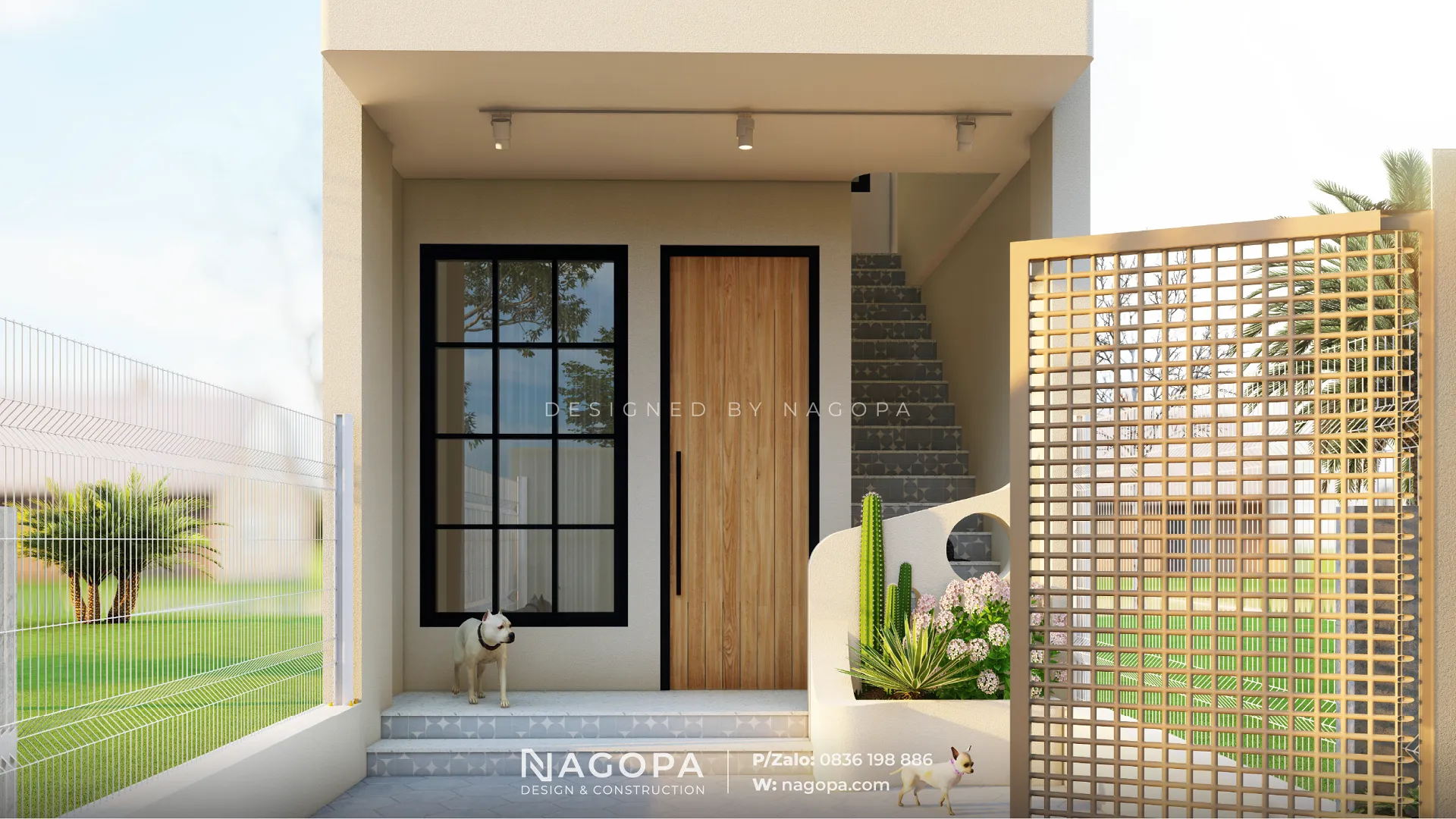 Khoảng sân trước thoáng đãng làm gara để xe và khu vực vui chơi an toàn cho vật nuôi.