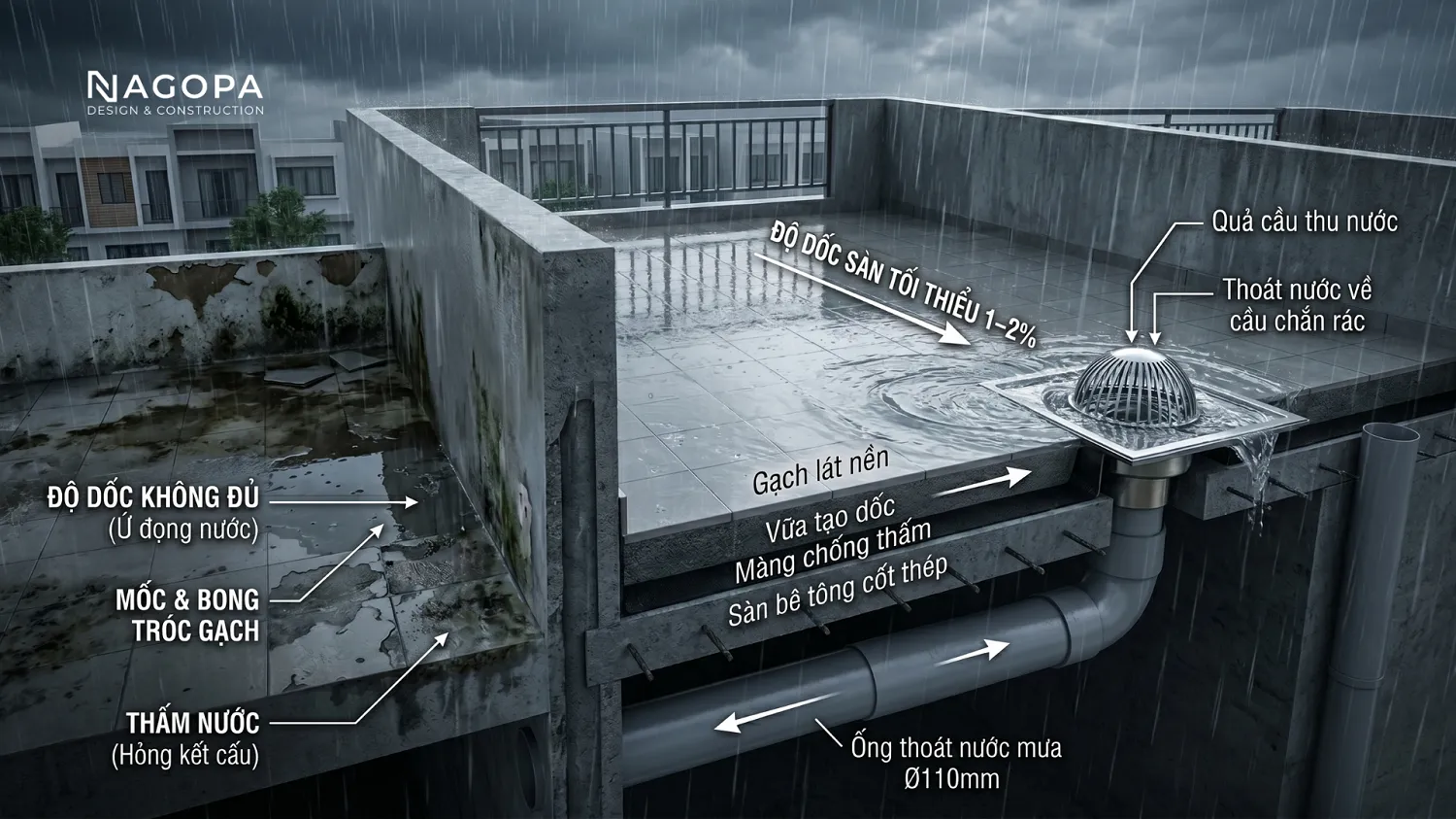 lưu ý khi thiết kế thi công chống thấm cho sân thượng