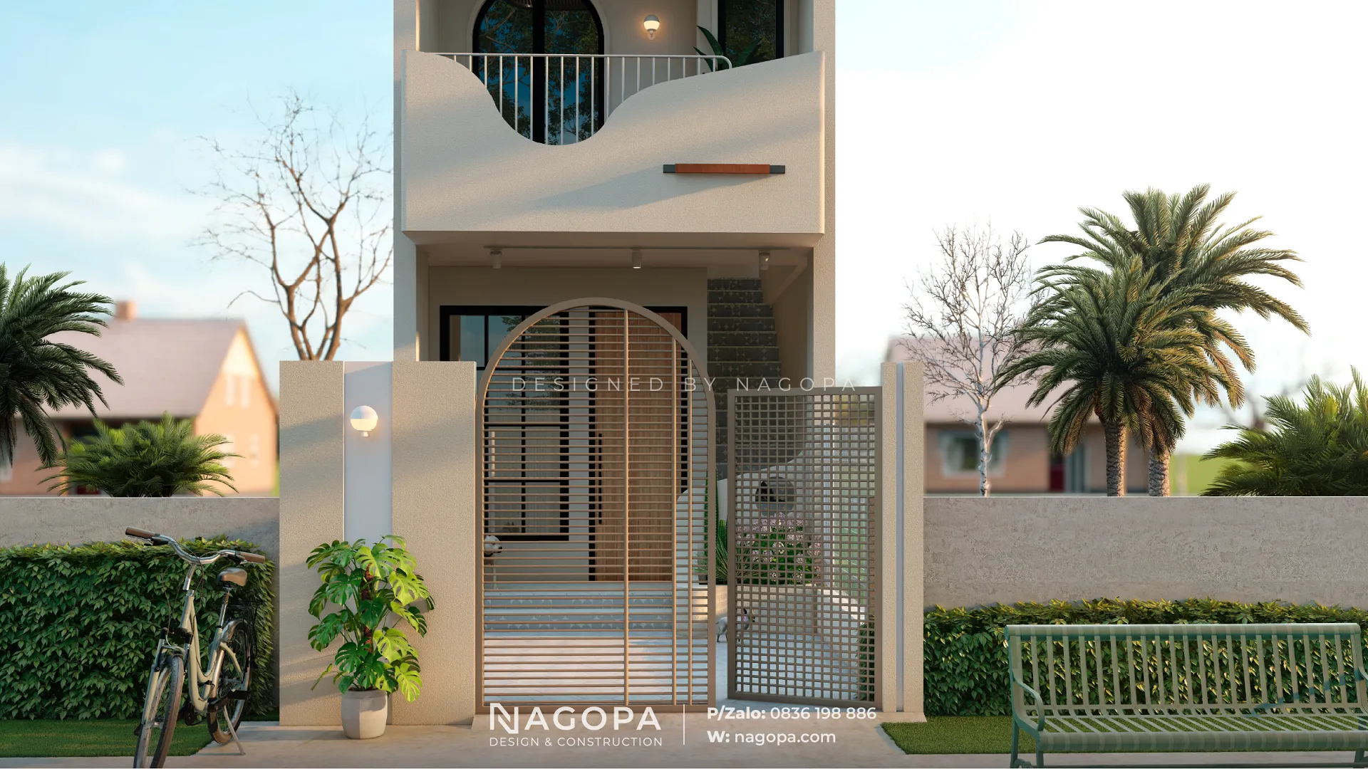 Toàn cảnh kiến trúc bên ngoài và hệ cổng tường rào gỗ ấm cúng của ngôi nhà.