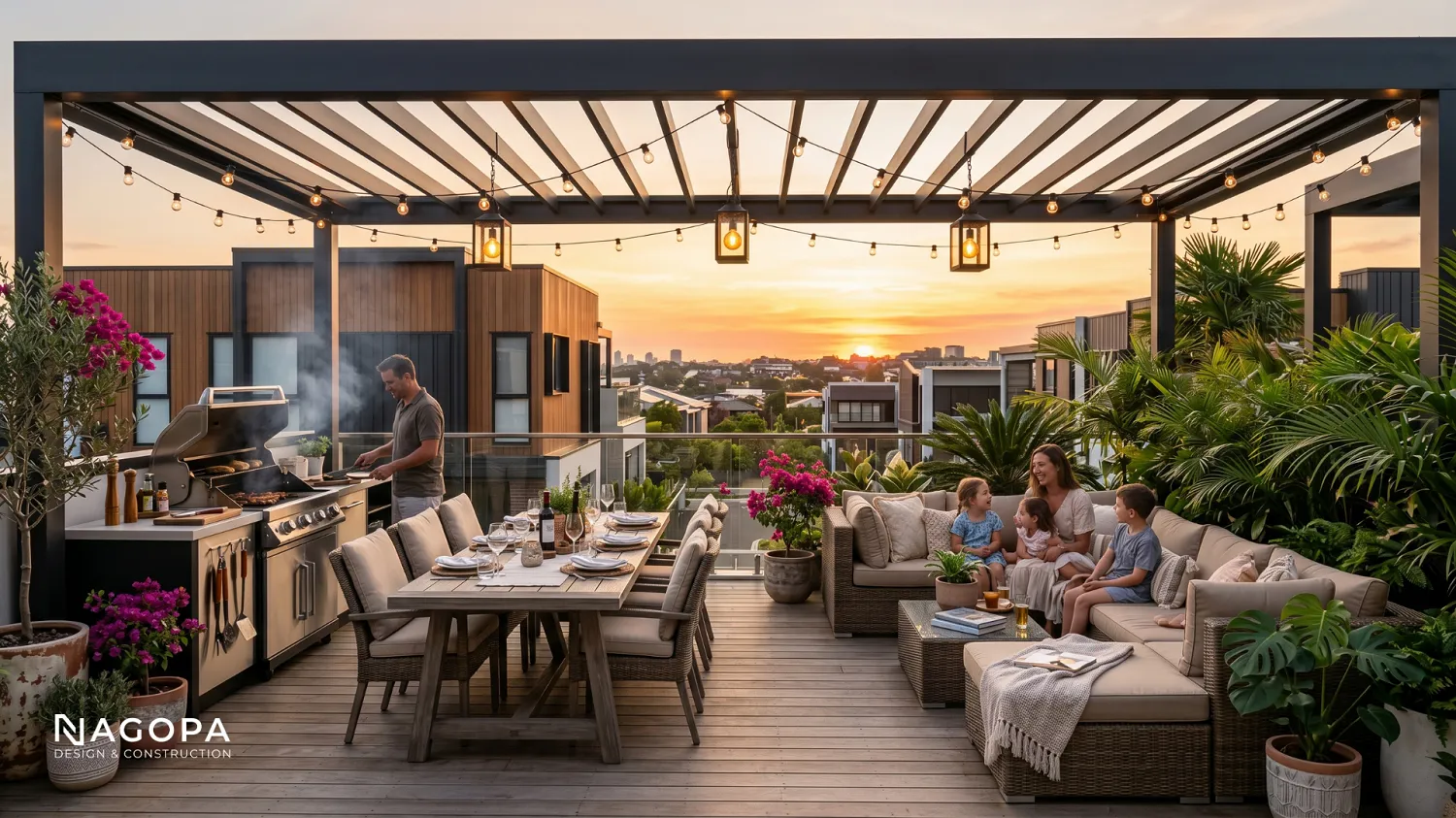 sân thượng được ứng dụng làm không gian bữa tiệc BBQ gia đình
