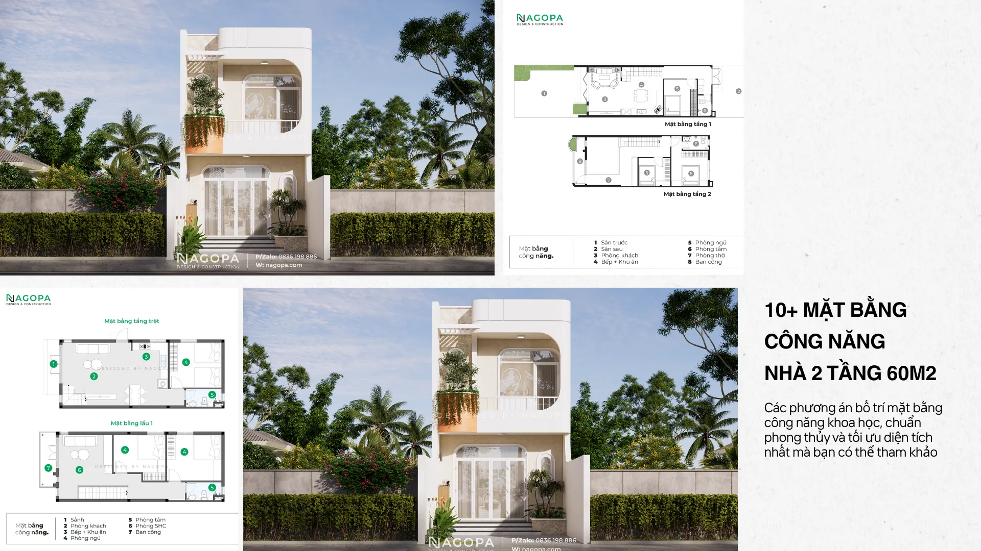 Mặt bằng công năng cho nhà 2 tầng diện tích 60m2